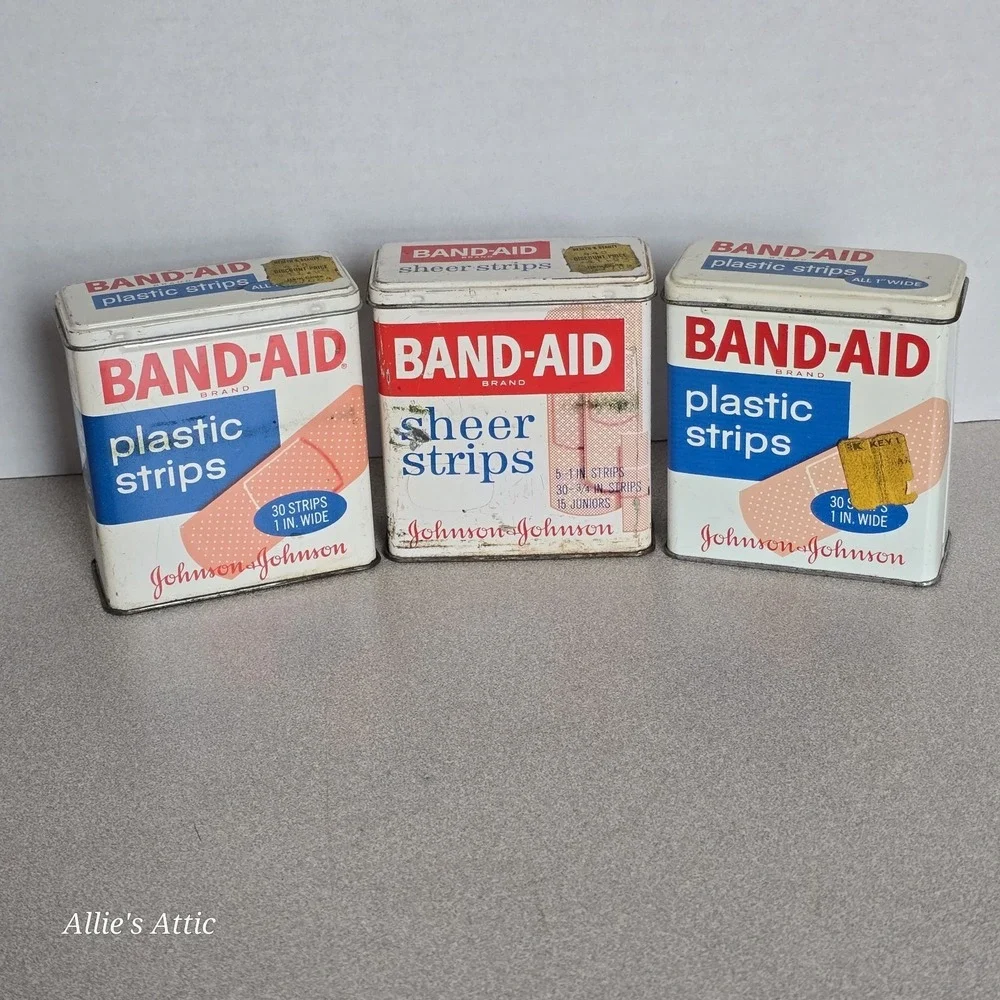 3 Band-Aid Tins Vintage Metal Lid‎ Bathroom Display Cabinet Decor Pharmaceutical